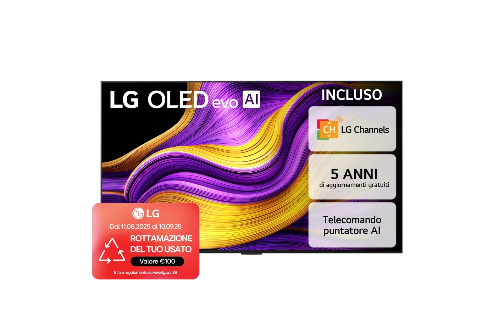 Front view of LG OLED evo AI G5 4K Smart TV. 12 Years of world number 1 OLED emblem and LG OLED evo AI 2025 logo are on the screen.